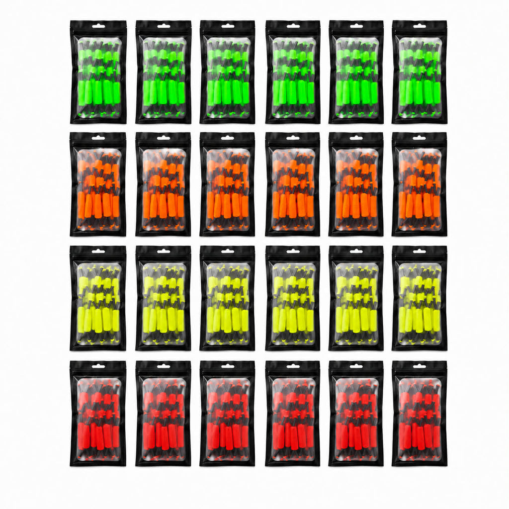 Multiple packages of green, orange, yellow, and red branch spreaders in their packaging on a white background