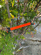 Shine Spine Branch Spreader Solar Ember Orange 5inch gardening tool attached to a tree branch with green leaves in the background.
