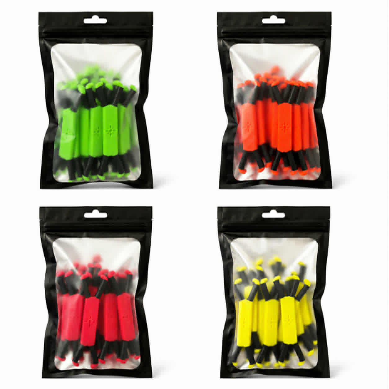 Shine Spine Color options of 2inch branch spreaders in clear plastic bags with a black exterior on a white background.