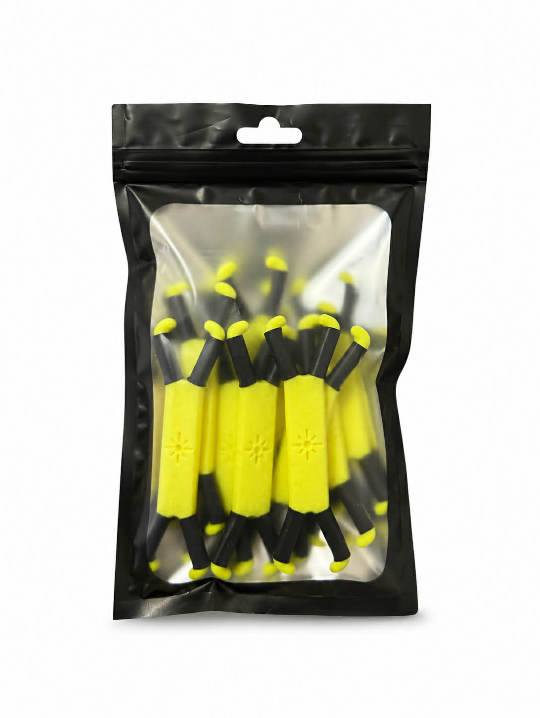Pack of Photon Burst Yellow 2inch branch spreaders in clear plastic bag with a black exterior on a white background.