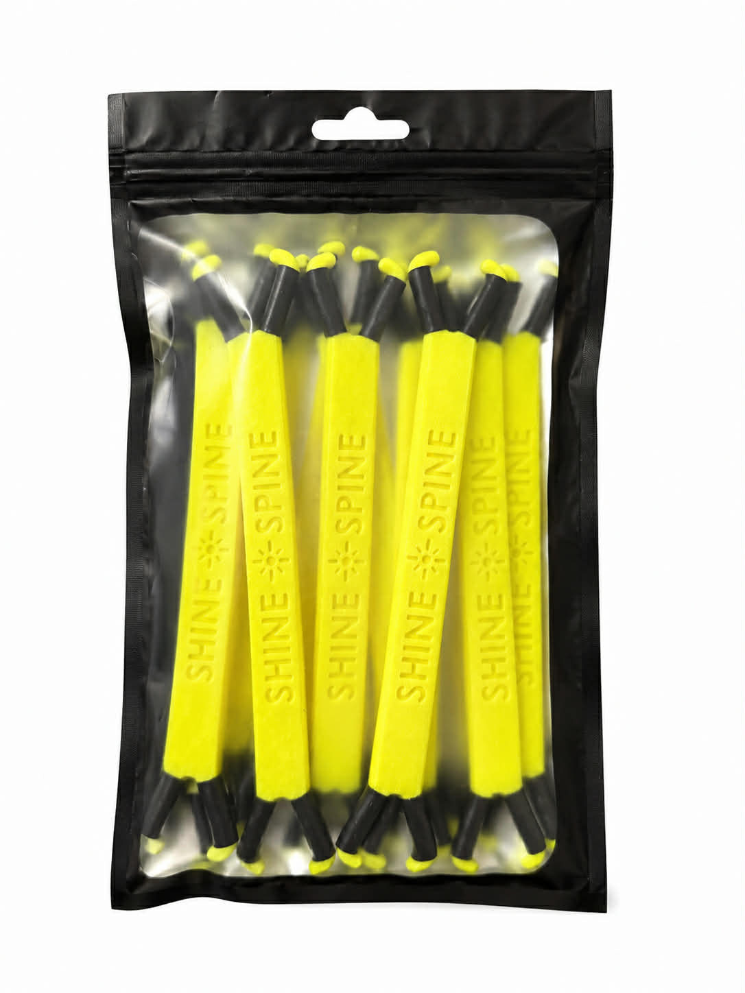 Pack of Photon Burst Yellow 5inch branch spreaders in clear plastic bag with a black exterior on a white background.